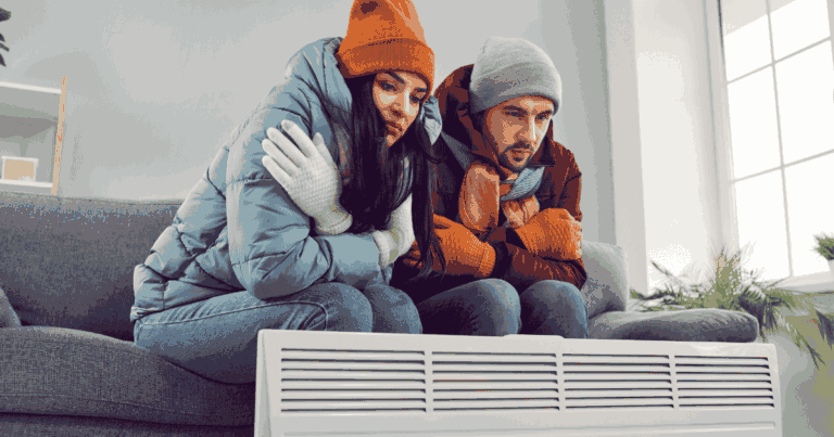 cold couple sitting inside in front of heater