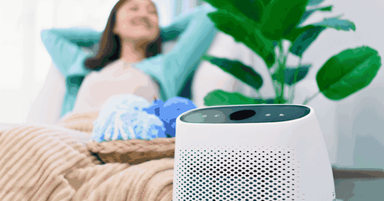 woman indoors with blanket sitting behind plant and air purifier