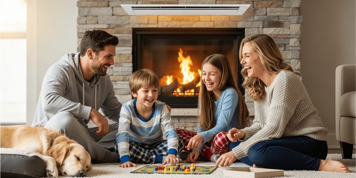 Southern family enjoying a board game in the living room with an efficient heating system keeping the home comfortably warm